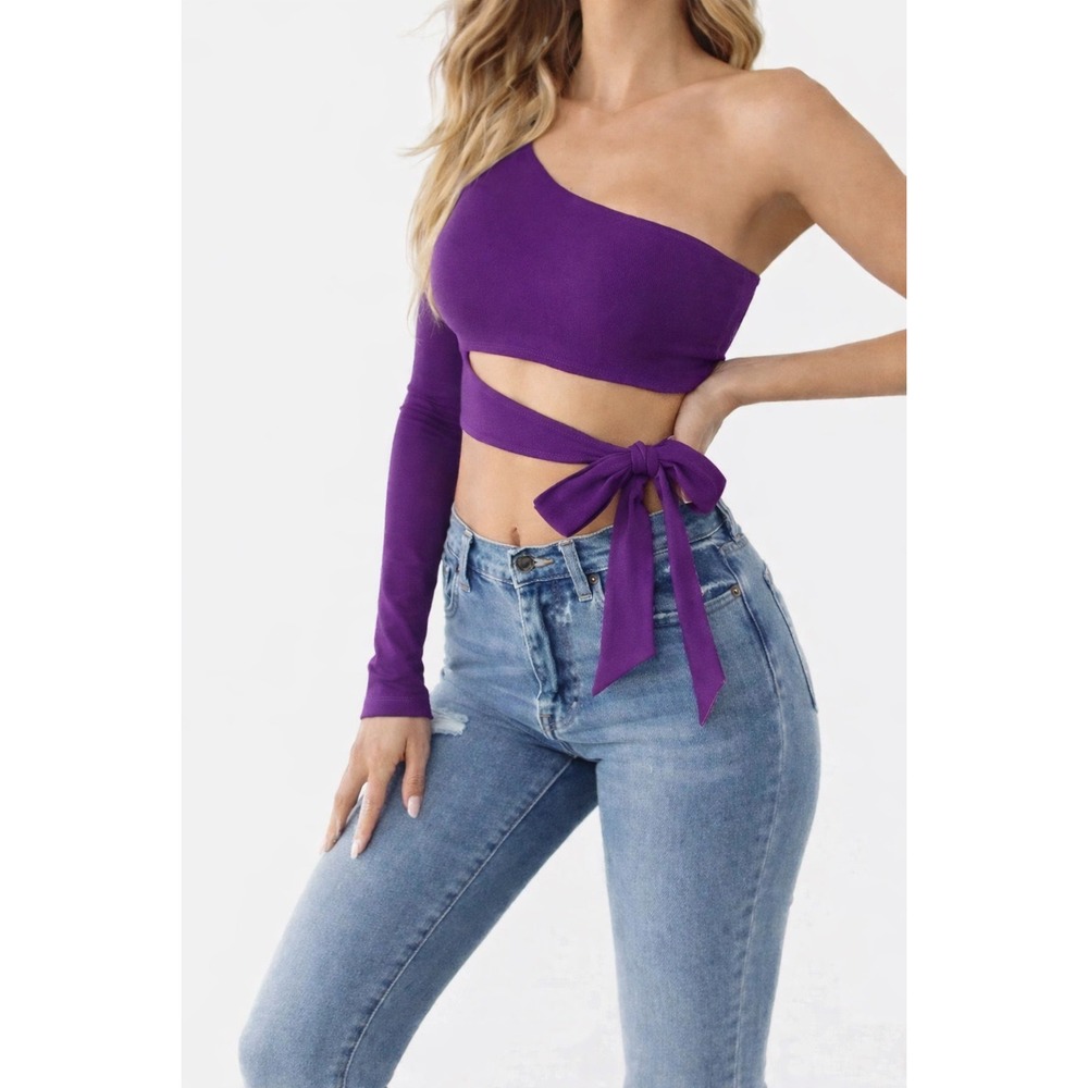 Better‎ Be Womens One Shoulder Long Sleeve Wrap Crop Top Purple Size M
